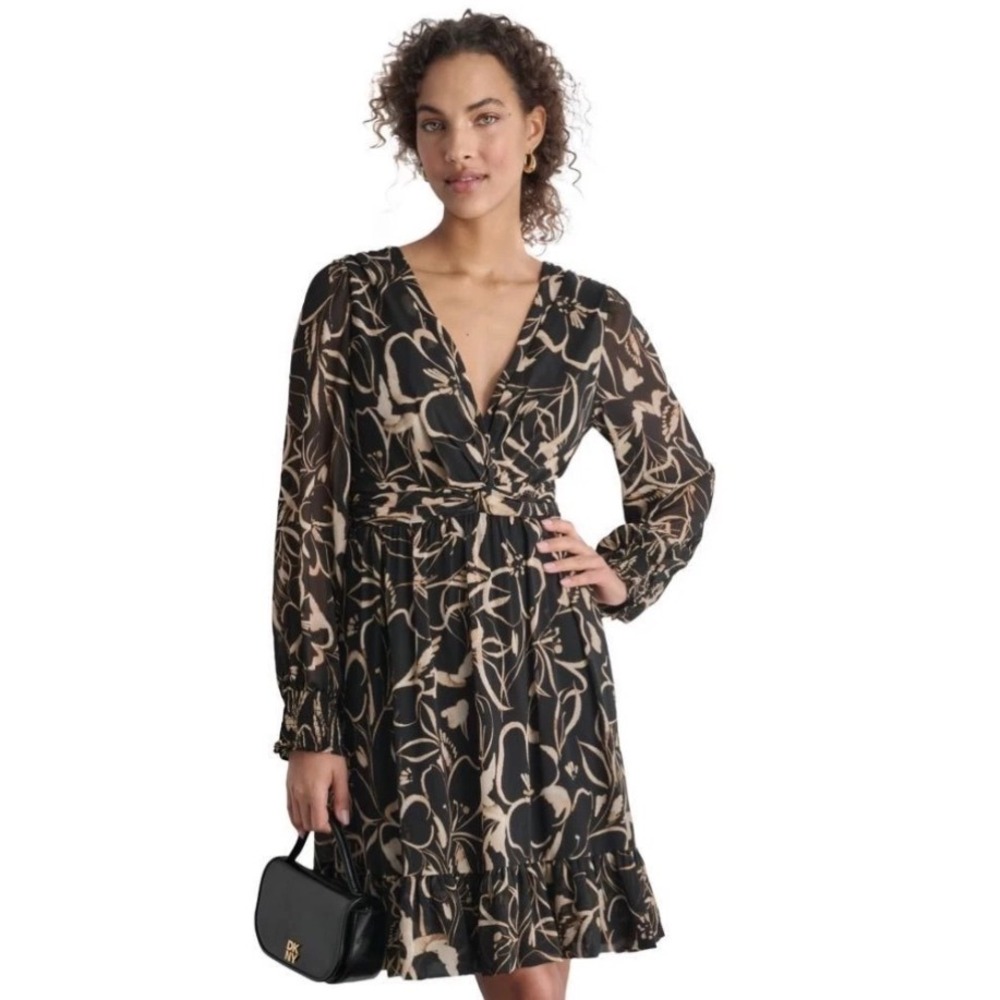 DKNY Floral Chiffon Dress Women 6 New V-Neck Ruffle Long Sleeve MSRP $139